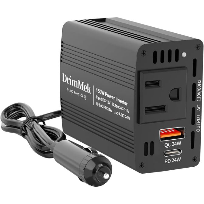 150W Car Power Inverter - DC 12V to 110V AC Car Plug Adapter Outlet with Fast Charger 24W USB-C/24W USB-A, for Laptop Car Charger