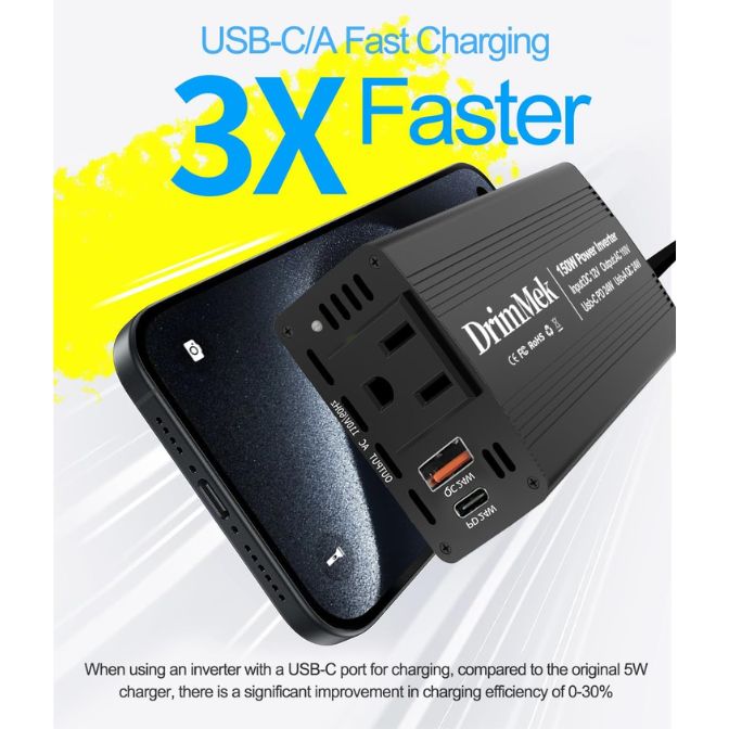 150W Car Power Inverter - DC 12V to 110V AC Car Plug Adapter Outlet with Fast Charger 24W USB-C/24W USB-A, for Laptop Car Charger 1