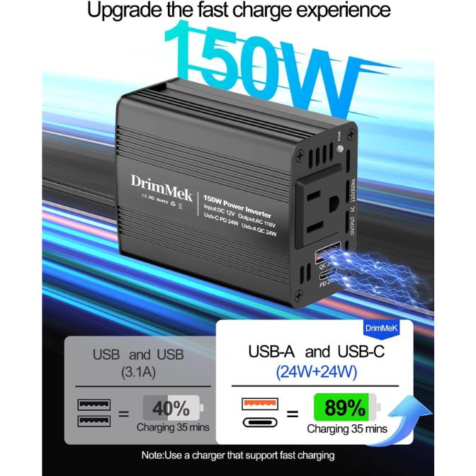 150W Car Power Inverter - DC 12V to 110V AC Car Plug Adapter Outlet with Fast Charger 24W USB-C/24W USB-A, for Laptop Car Charger 3