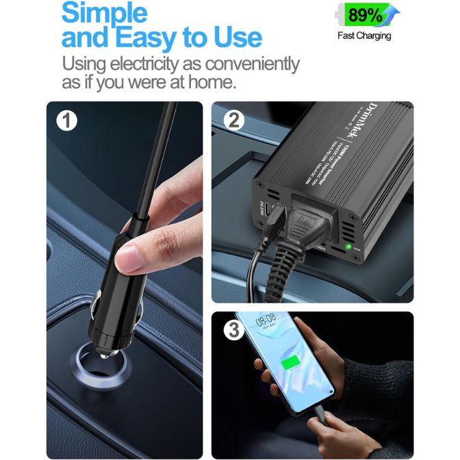 150W Car Power Inverter - DC 12V to 110V AC Car Plug Adapter Outlet with Fast Charger 24W USB-C/24W USB-A, for Laptop Car Charger 4