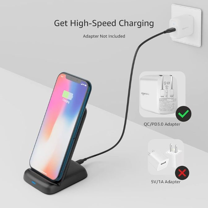 Amazon Basics 10W Qi Certified Wireless Charging Stand, for Phone 16/15/14/13/12/11/X, Samsung, and More, with USB Cable (No AC Adapter), Black 2