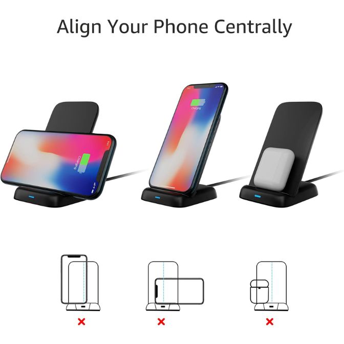 Amazon Basics 10W Qi Certified Wireless Charging Stand, for Phone 16/15/14/13/12/11/X, Samsung, and More, with USB Cable (No AC Adapter), Black 3