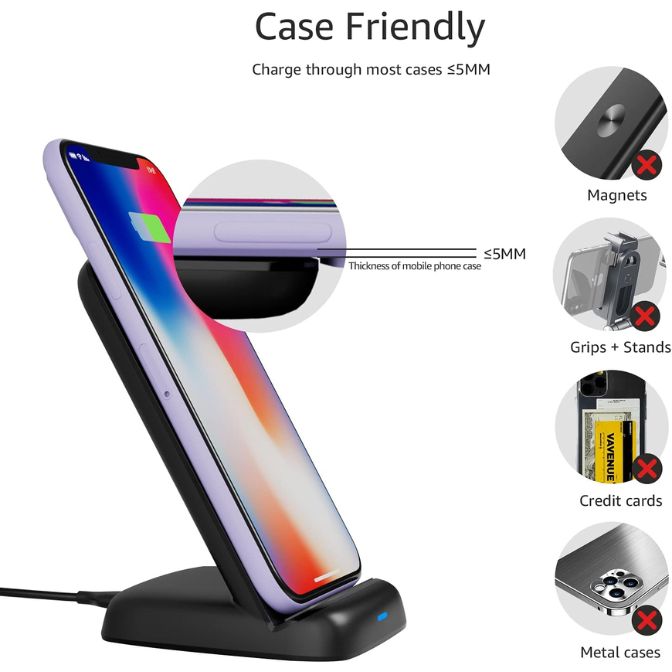 Amazon Basics 10W Qi Certified Wireless Charging Stand, for Phone 16/15/14/13/12/11/X, Samsung, and More, with USB Cable (No AC Adapter), Black 4