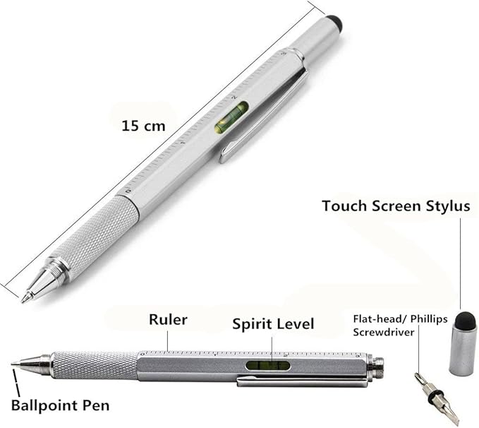 Multifunction Tool Pen, 6 in 1 Tool with Ballpoint Pen, Touch Screen Stylus, Ruler, Spirit Level, Flat-head and Phillips Screwdriver, All-in-One Tech-Tool Pen