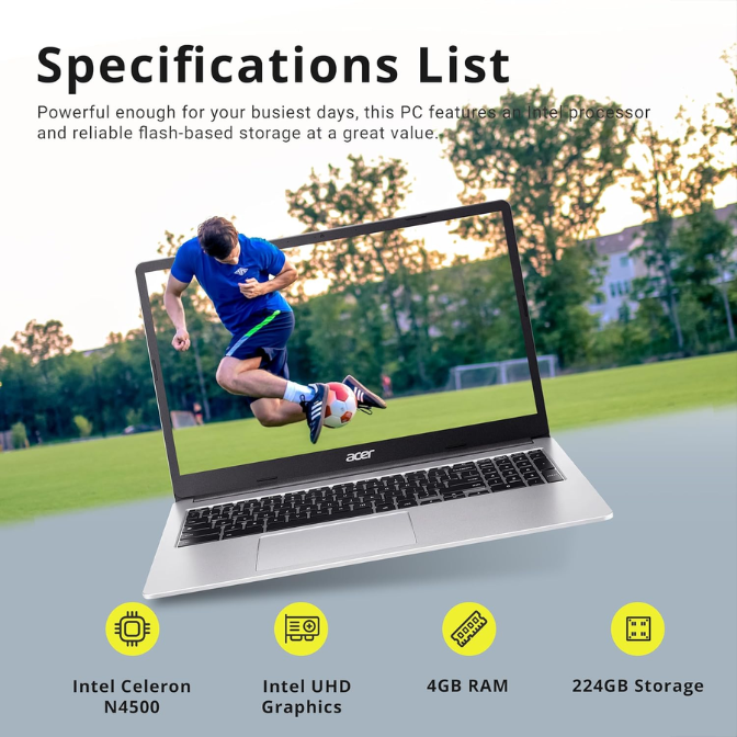 Acer Chromebook 315 15.6" FHD Laptop, Intel Celeron N4500, 4GB LPDDR4 RAM, 64 GB Storage, Intel UHD Graphics, HD Webcam, Wi-Fi 6, Chrome OS, Silver