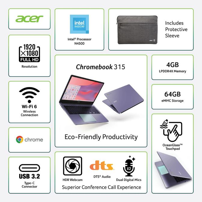 Acer Chromebook 315 with Intel N4500 processor, Moonstone Purple 10