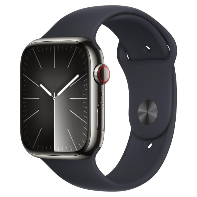 Apple Watch Series 9 with GPS + Cellular, 45mm stainless steel case, Midnight Sport Band, and advanced health tracking features 1