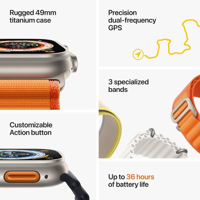 Apple Watch Ultra Smart Watch, Rugged Titanium Case, Orange Alpine Loop, Extra-Long Battery Life, Brighter Retina Display 3