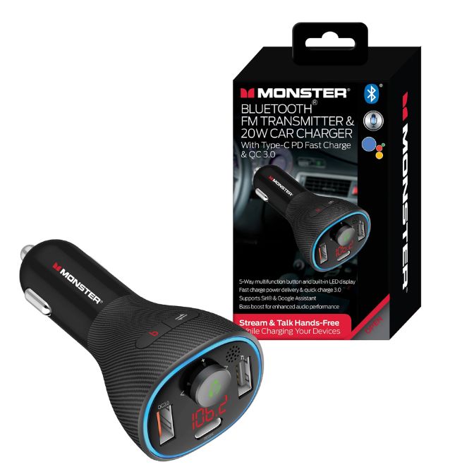 Monster Bluetooth FM Transmitter and 20W QC3.0 USB and Type-C PD Car Charger, 2 Charging Ports, Hands-Free Calls, Play Music Stored On Flash Drives, Works with Siri and Google Assistant