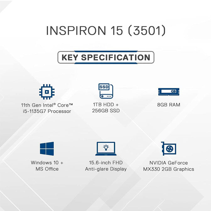 (Refurbished) Dell Inspiron 3501 11th Gen Intel i5-1135G7 15.6 inches FHD Display Laptop / 8GB / 1TB + 256GB SSD /NVIDIA MX330 2GB Graphics / Windows 10 + MSO / (Soft Mint, 1.83 kg) (Minor scratches on product)