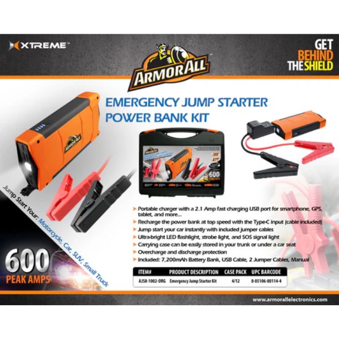 Armor AJS81002ORG All Emergency 600 Peak Jump Starter Power Bank Kit, 7.200Mah Battery Bank