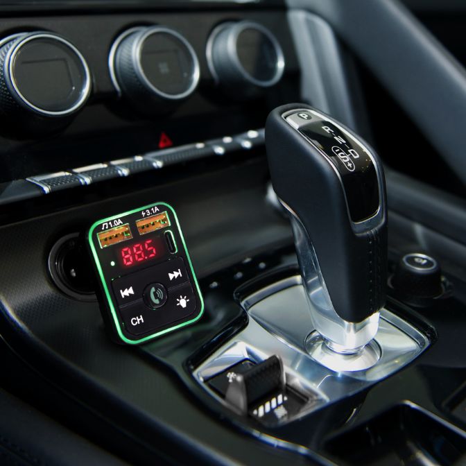Bluetooth FM Transmitter and Car Charger, Hands Free Calling, Type C and Dual USB A ports