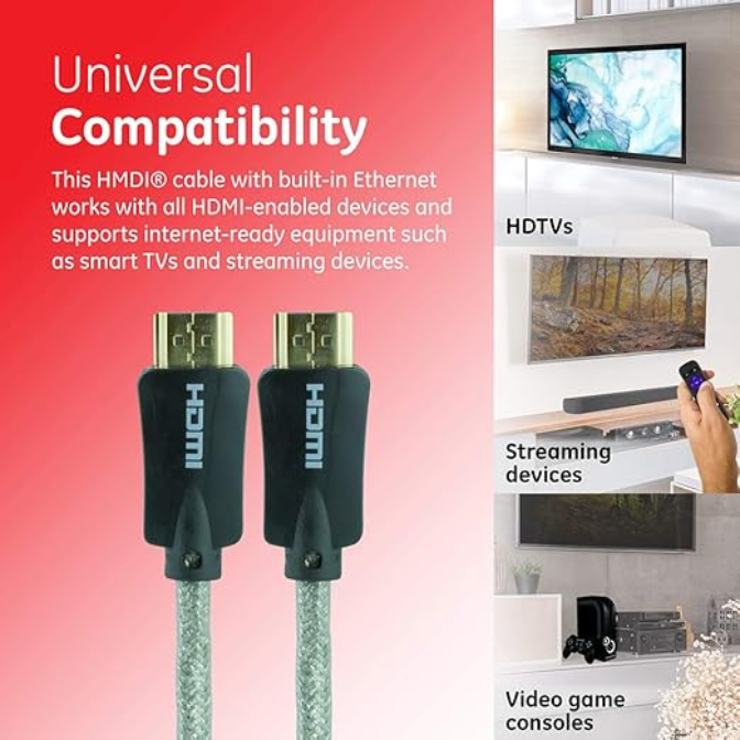 GE 4K HDMI Cable, 6 ft. HDMI 2.0 High Speed 18 Gbps with Ethernet, 4K 60Hz, 1440p 1080p 120Hz, HDR, for HDTV, Streaming, Blu-ray, Gaming, PS4 Pro PS5 and Xbox