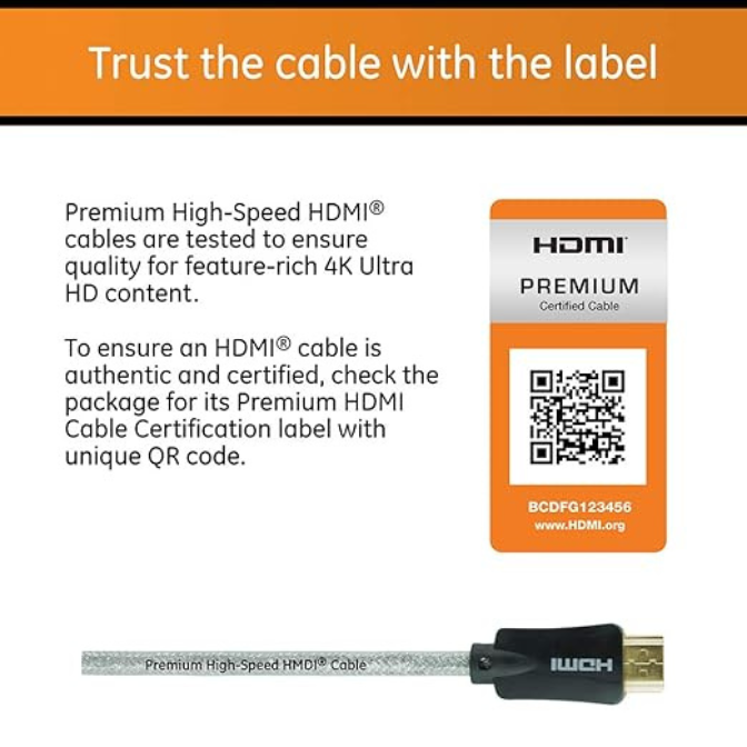 GE 4K HDMI Cable, 6 ft. HDMI 2.0 High Speed 18 Gbps with Ethernet, 4K 60Hz, 1440p 1080p 120Hz, HDR, for HDTV, Streaming, Blu-ray, Gaming, PS4 Pro PS5 and Xbox