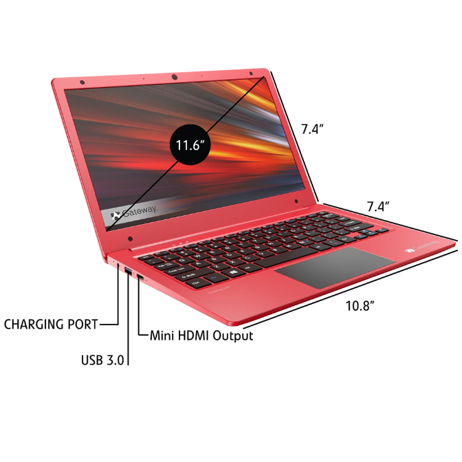 Gateway 11.6" Ultra Slim Notebook, HD, Intel Celeron, Dual Core, 64GB Storage, 4GB RAM, Mini HDMI, 1.0MP Webcam, Windows 10 S