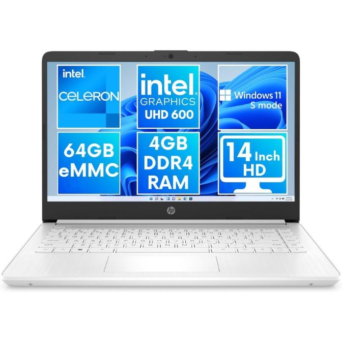 HP 14 Inch HD Laptop Notebook Intel Celeron N4120 4GB DDR4 RAM 64GB eMMC UHD Graphics 600 Snow White Keyboard SD Card Reader HDMI Headphone Microphone Port, White 14-dq0052dx Computer (Renewed) 3