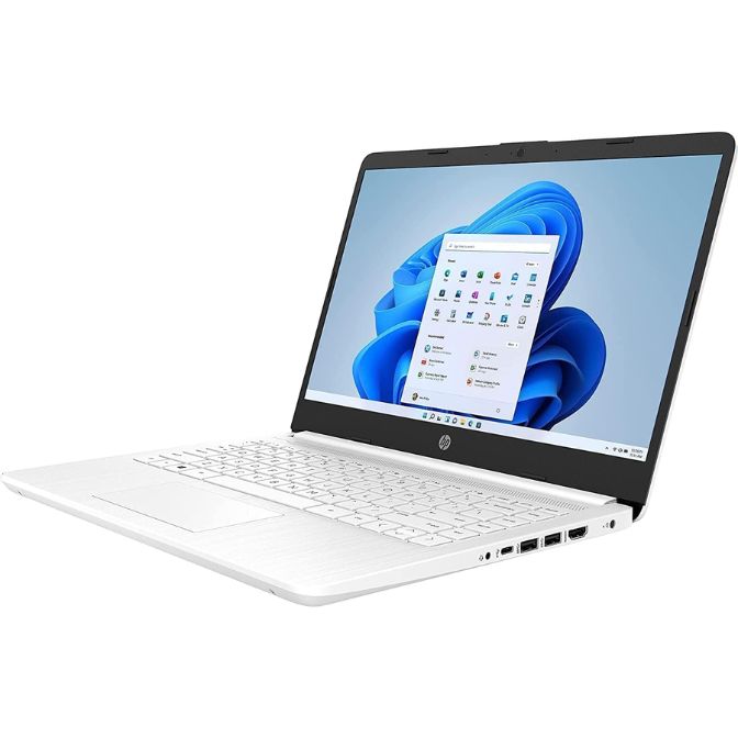 HP 14 Inch HD Laptop Notebook Intel Celeron N4120 4GB DDR4 RAM 64GB eMMC UHD Graphics 600 Snow White Keyboard SD Card Reader HDMI Headphone Microphone Port, White 14-dq0052dx Computer (Renewed) 4