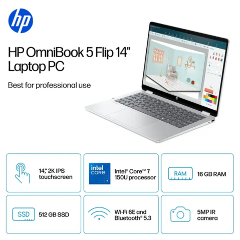 HP - OmniBook 5 Flip 2-in-1 14" 2K Touch-Screen Laptop - Intel Core 7 - 16GB Memory - 512GB SSD - Glacier Silver - With Wireless Mouse (Factory Renewed)