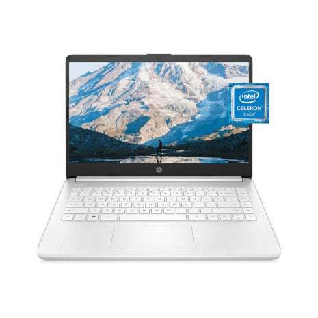 HP 14-inch laptop with Intel Celeron N4020, 4GB RAM, 64GB storage, HD micro-edge display, Windows 11 Home, Snowflake White