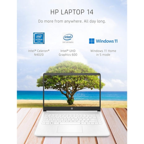 HP 14-inch laptop with Intel Celeron N4020, 4GB RAM, 64GB storage, HD micro-edge display, Windows 11 Home, Snowflake White 3