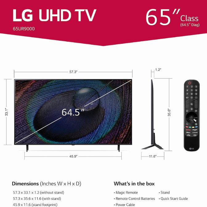 LG 65-Inch Class UR9000 Series Alexa Built-in 4K Smart TV (3840 x 2160),Bluetooth, Wi-Fi, USB, Ethernet, HDMI 3