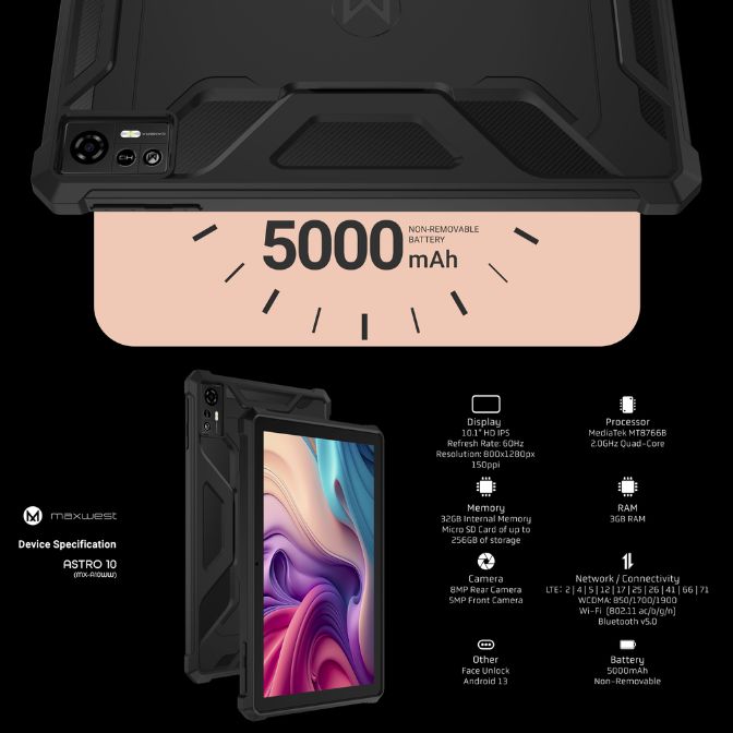 Maxwest ASTRO 10 Android LTE Tablet, 10.1 Curved HD Screen, 32GB Storage, Long-Lasting Battery, Expandable Memory 4