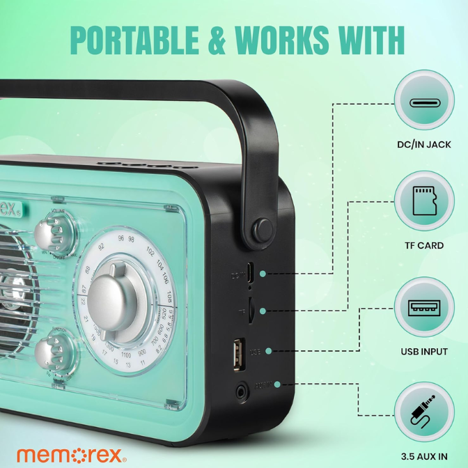 Memorex BR100 Retro Style Rechargeable AM/FM/Shortwave Radio | Tabletop Radio with TF Card & USB Playback | 2000mAh Battery, and Rotary Telescopic Antenna 1