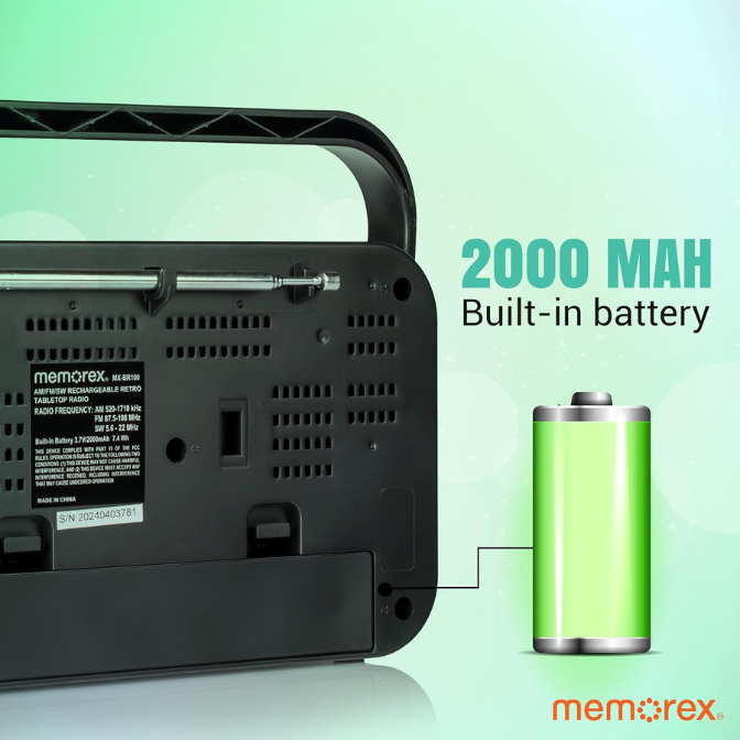 Memorex BR100 Retro Style Rechargeable AM/FM/Shortwave Radio | Tabletop Radio with TF Card & USB Playback | 2000mAh Battery, and Rotary Telescopic Antenna 2