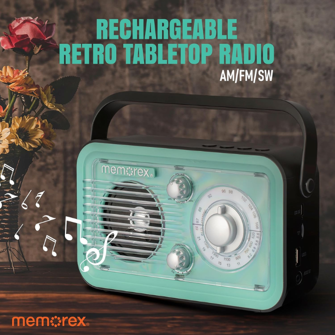 Memorex BR100 Retro Style Rechargeable AM/FM/Shortwave Radio | Tabletop Radio with TF Card & USB Playback | 2000mAh Battery, and Rotary Telescopic Antenna 5