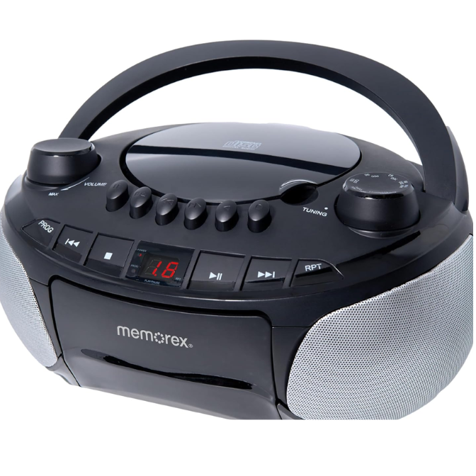 Memorex MX-BCCD50(K) AM/FM Top Loading CD and Cassette Player Blue | Portable Stereo with Programmable Memory, Auto-Stop Cassette Deck | Auxiliary Input, and Red LED Display (Black)