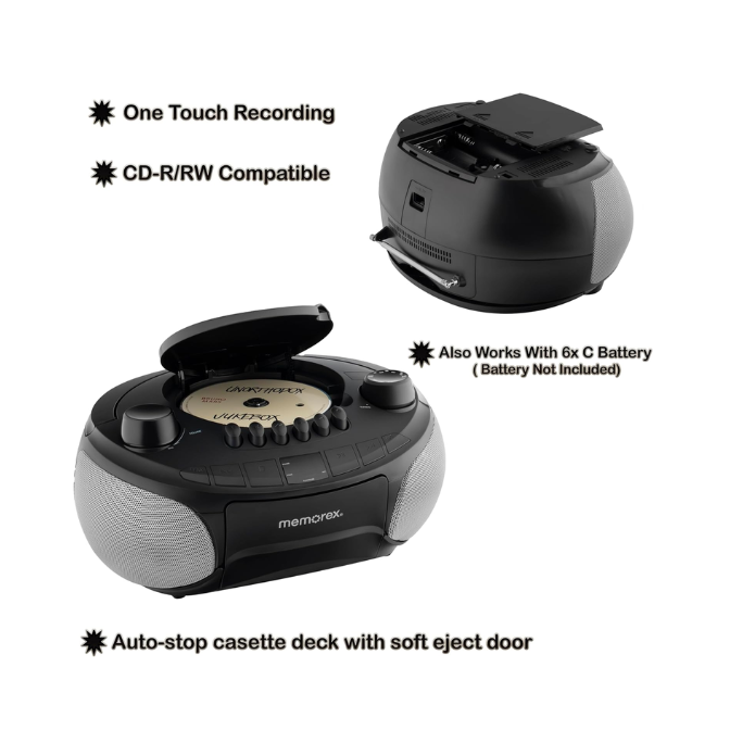 Memorex MX-BCCD50(K) AM/FM Top Loading CD and Cassette Player Blue | Portable Stereo with Programmable Memory, Auto-Stop Cassette Deck | Auxiliary Input, and Red LED Display (Black) 3