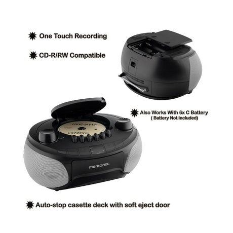 Memorex MX-BCCD50(K) AM/FM Top Loading CD and Cassette Player Blue | Portable Stereo with Programmable Memory, Auto-Stop Cassette Deck | Auxiliary Input, and Red LED Display (Black) 3