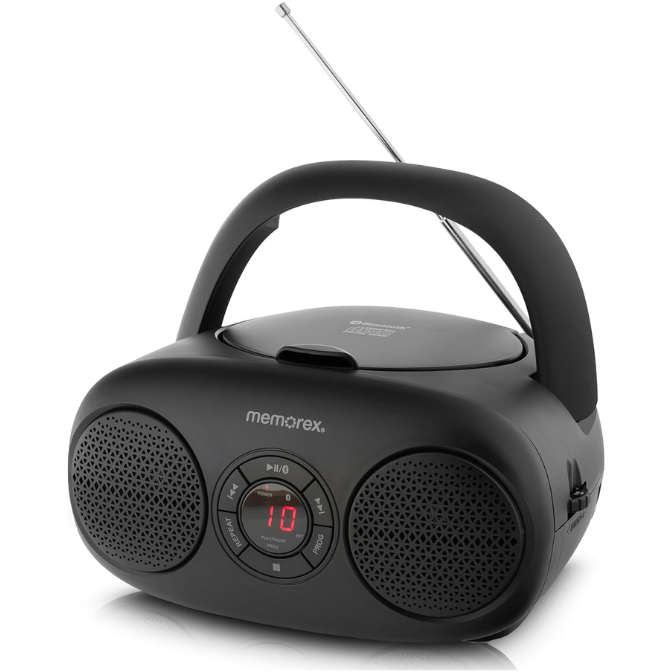 Memorex MX-BCD30(K) Bluetooth Top Loading CD Player Red | Portable AM/FM Stereo Receiver with Programmable Memory | Auxiliary Input | Red LED Display, Foldable Handle, Wireless Streaming (Black)