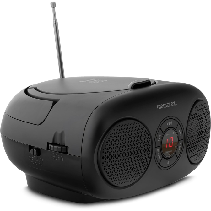 Memorex MX-BCD30(K) Bluetooth Top Loading CD Player Red | Portable AM/FM Stereo Receiver with Programmable Memory | Auxiliary Input | Red LED Display, Foldable Handle, Wireless Streaming (Black) 1