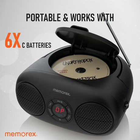 Memorex MX-BCD30(K) Bluetooth Top Loading CD Player Red | Portable AM/FM Stereo Receiver with Programmable Memory | Auxiliary Input | Red LED Display, Foldable Handle, Wireless Streaming (Black) 2