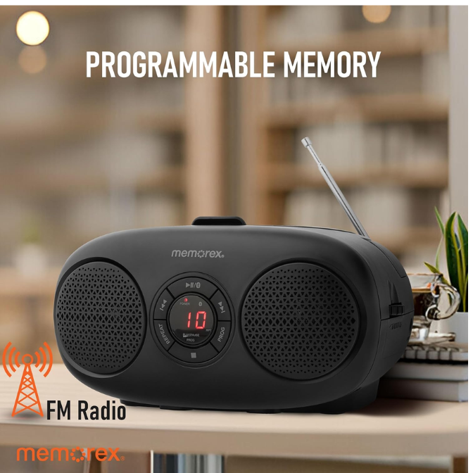 Memorex MX-BCD30(K) Bluetooth Top Loading CD Player Red | Portable AM/FM Stereo Receiver with Programmable Memory | Auxiliary Input | Red LED Display, Foldable Handle, Wireless Streaming (Black) 4