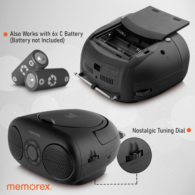 Memorex MX-BCD30(K) Bluetooth Top Loading CD Player Red | Portable AM/FM Stereo Receiver with Programmable Memory | Auxiliary Input | Red LED Display, Foldable Handle, Wireless Streaming (Black) 5