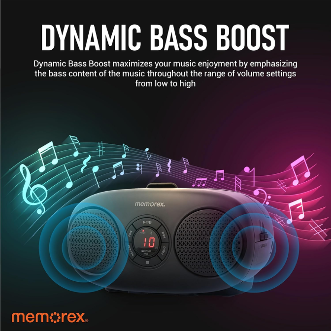 Memorex MX-BCD30(K) Bluetooth Top Loading CD Player Red | Portable AM/FM Stereo Receiver with Programmable Memory | Auxiliary Input | Red LED Display, Foldable Handle, Wireless Streaming (Black) 6