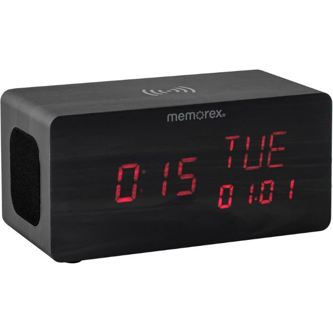 Memorex MX-CRBT250 | Bluetooth LED Alarm Clock with 10W Fast Wireless Charging, Adjustable Dimmer, Dual Stereo Speakers, Large Red LED Display, Bluetooth 5.0 Audio Streaming | Ultimate Bedside Clock 3