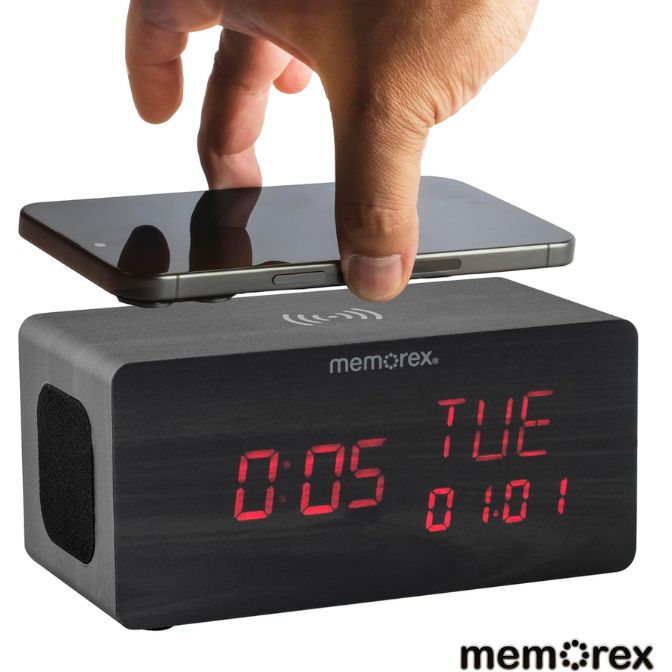 Memorex MX-CRBT250 | Bluetooth LED Alarm Clock with 10W Fast Wireless Charging, Adjustable Dimmer, Dual Stereo Speakers, Large Red LED Display, Bluetooth 5.0 Audio Streaming | Ultimate Bedside Clock 4