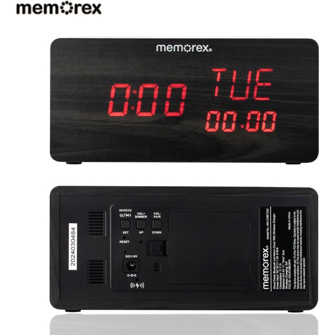 Memorex MX-CRBT250 | Bluetooth LED Alarm Clock with 10W Fast Wireless Charging, Adjustable Dimmer, Dual Stereo Speakers, Large Red LED Display, Bluetooth 5.0 Audio Streaming | Ultimate Bedside Clock 5