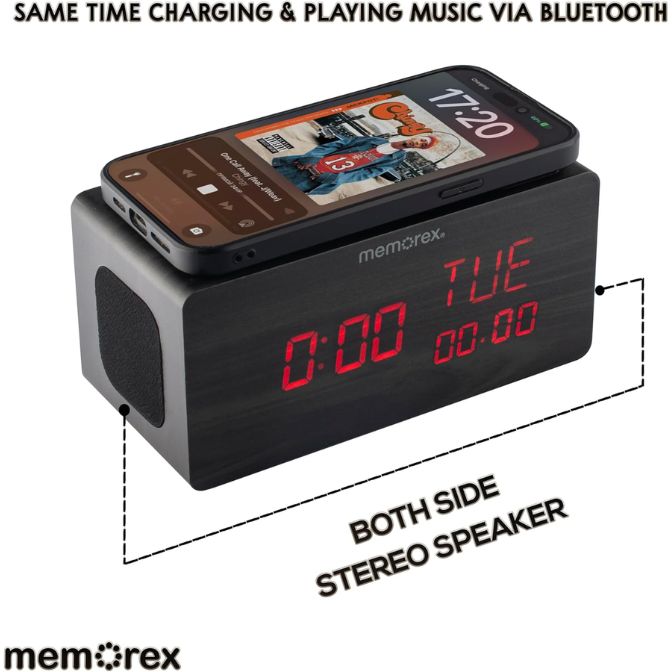 Memorex MX-CRBT250 | Bluetooth LED Alarm Clock with 10W Fast Wireless Charging, Adjustable Dimmer, Dual Stereo Speakers, Large Red LED Display, Bluetooth 5.0 Audio Streaming | Ultimate Bedside Clock 6