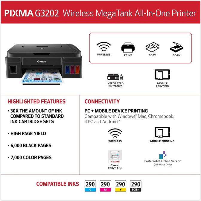 PIXMA G3202 Wireless Megatank All-in-One Printer with Copier and Scanner REF A 5
