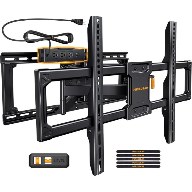Perlegear Full Motion TV Wall Mount with Power Strip for 42–90 Inch TVs up to 150 lbs, PGLF13