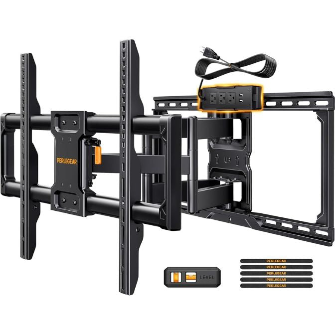 Perlegear Full Motion TV Wall Mount with Power Strip for 42–90 Inch TVs up to 150 lbs, PGLF13 1