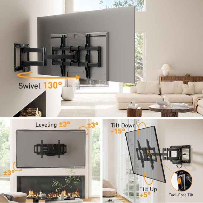 Perlegear Full Motion TV Wall Mount with Power Strip for 42–90 Inch TVs up to 150 lbs, PGLF13 3