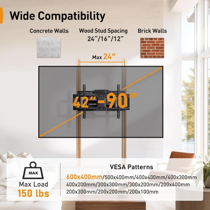 Perlegear Full Motion TV Wall Mount with Power Strip for 42–90 Inch TVs up to 150 lbs, PGLF13 6