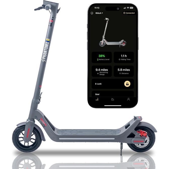 Phantomgogo Foldable electric scooter with a powerful motor, 28-mile range, 155 mph speed, and intelligent lighting, designed for adult commuters