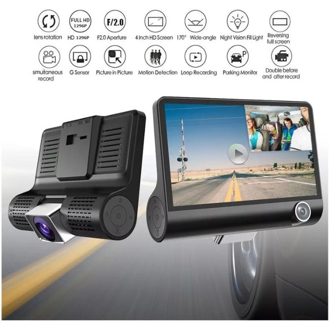 KF Premium 4" Touch Screen Dash Cam with 1080P Dual Lens – Front & Rear Car DVR Recorder, Motion Detection, Night Vision, G-Sensor, Loop Recording