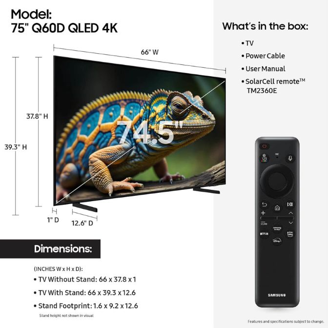 SAMSUNG 75-Inch Class QLED 4K Q60D Series Quantum HDR Smart TV (QN75Q60D, 2024 Model) 1